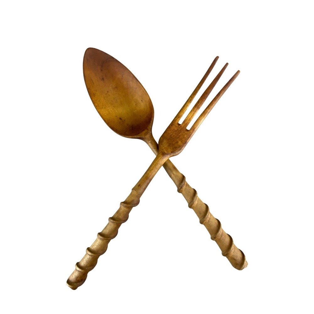 Wooden Salad Servers Rustic Spiral Hand Carved Spoon Fork Set 10" Light